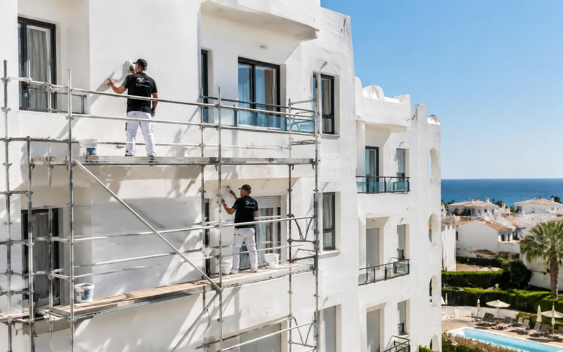Equipa EURICOLOR a pintar a fachada de um edifício no Algarve